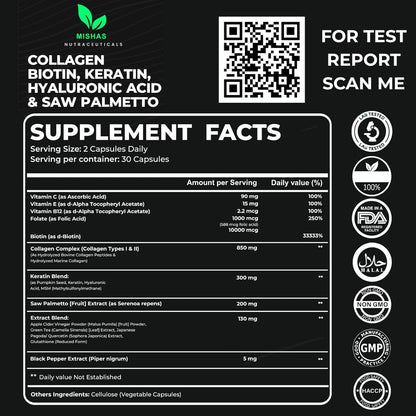 Multi Collagen Hair Pills with Biotin 10,000mcg – Keratin, Hyaluronic Acid & DHT Blocker | 60 Vegan Capsules