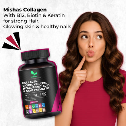 Multi Collagen Hair Pills with Biotin 10,000mcg – Keratin, Hyaluronic Acid & DHT Blocker | 60 Vegan Capsules