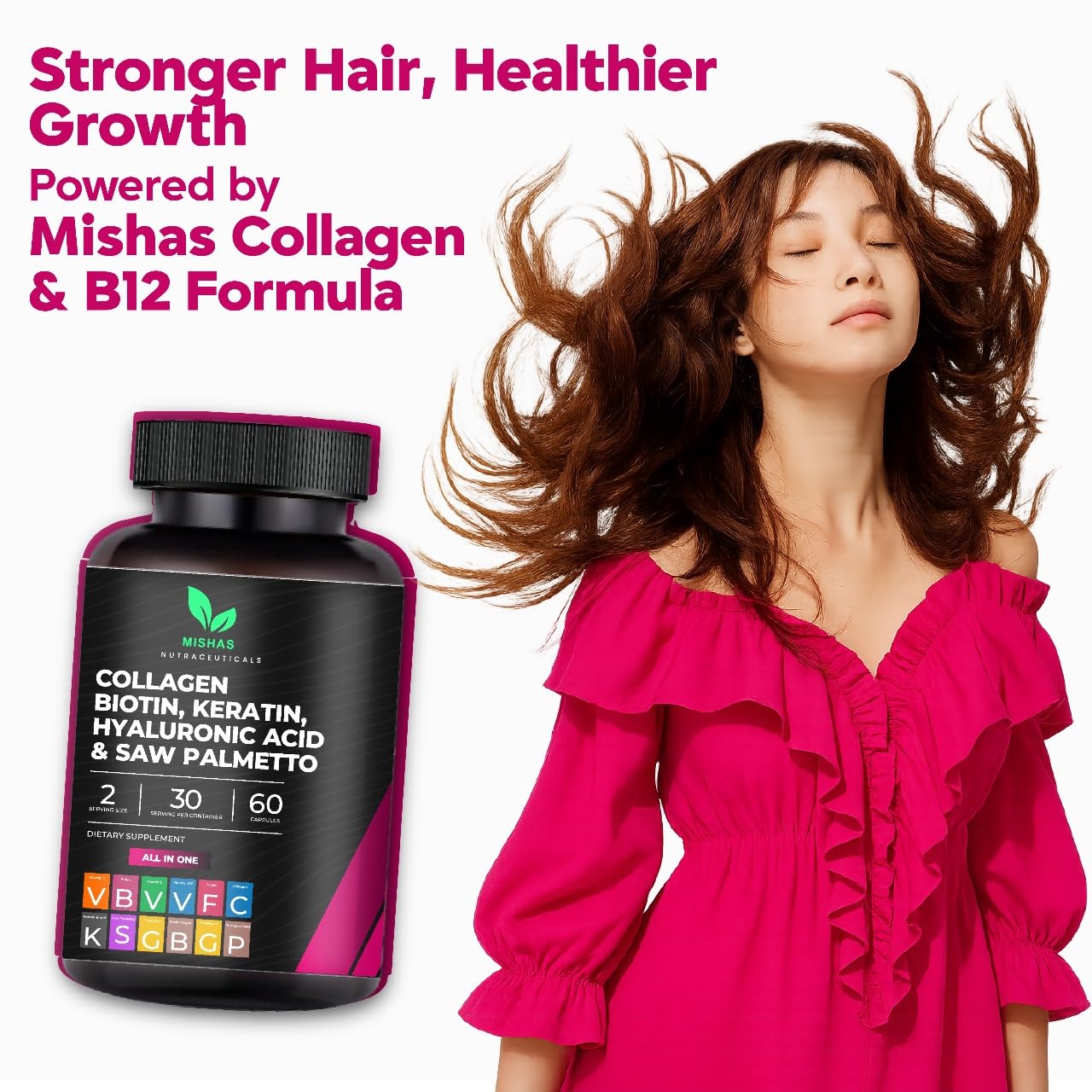 Multi Collagen Hair Pills with Biotin 10,000mcg – Keratin, Hyaluronic Acid & DHT Blocker | 60 Vegan Capsules
