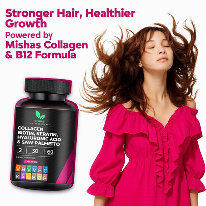 Multi Collagen Hair Pills with Biotin 10,000mcg – Keratin, Hyaluronic Acid & DHT Blocker | 60 Vegan Capsules