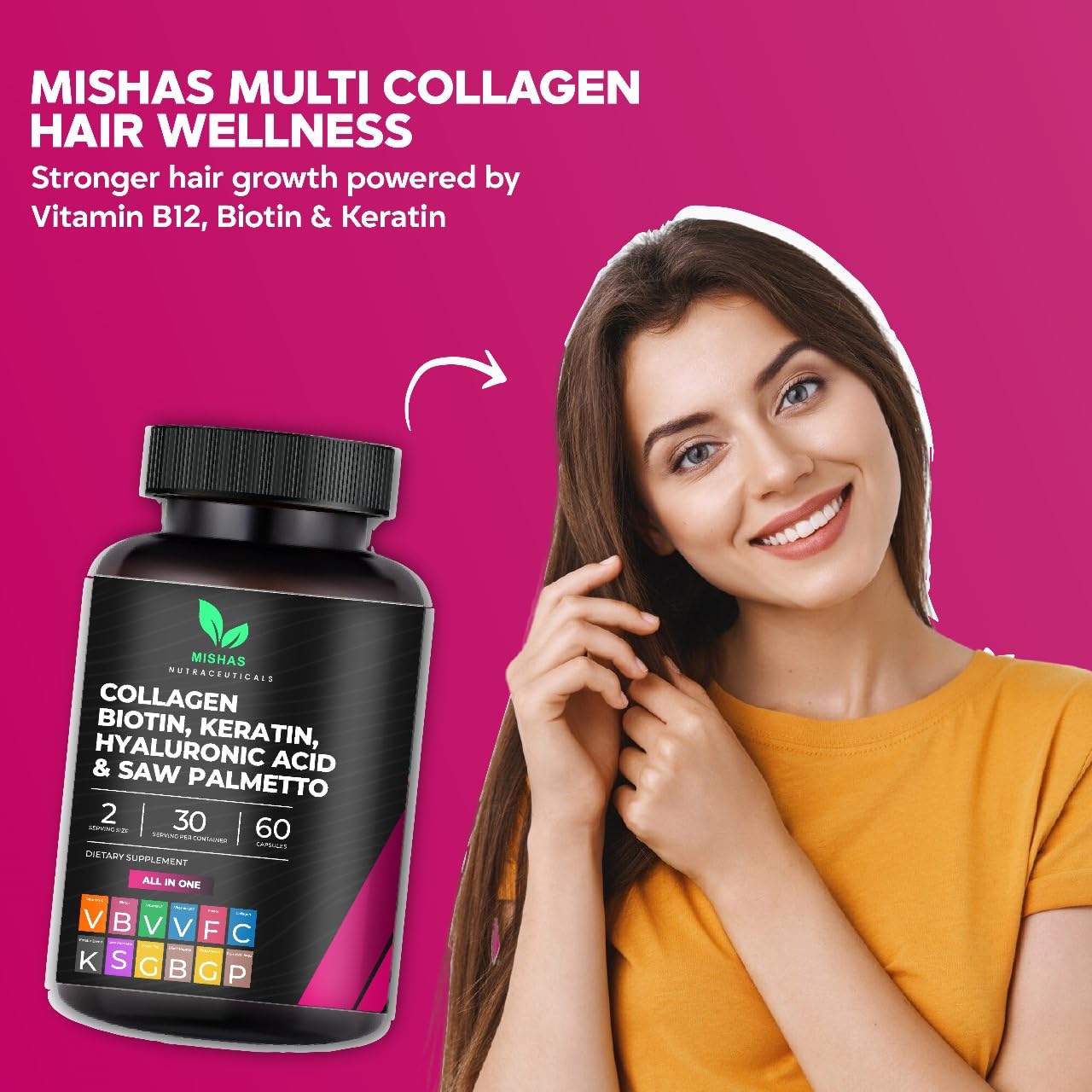Multi Collagen Hair Pills with Biotin 10,000mcg – Keratin, Hyaluronic Acid & DHT Blocker | 60 Vegan Capsules