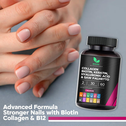 Multi Collagen Hair Pills with Biotin 10,000mcg – Keratin, Hyaluronic Acid & DHT Blocker | 60 Vegan Capsules
