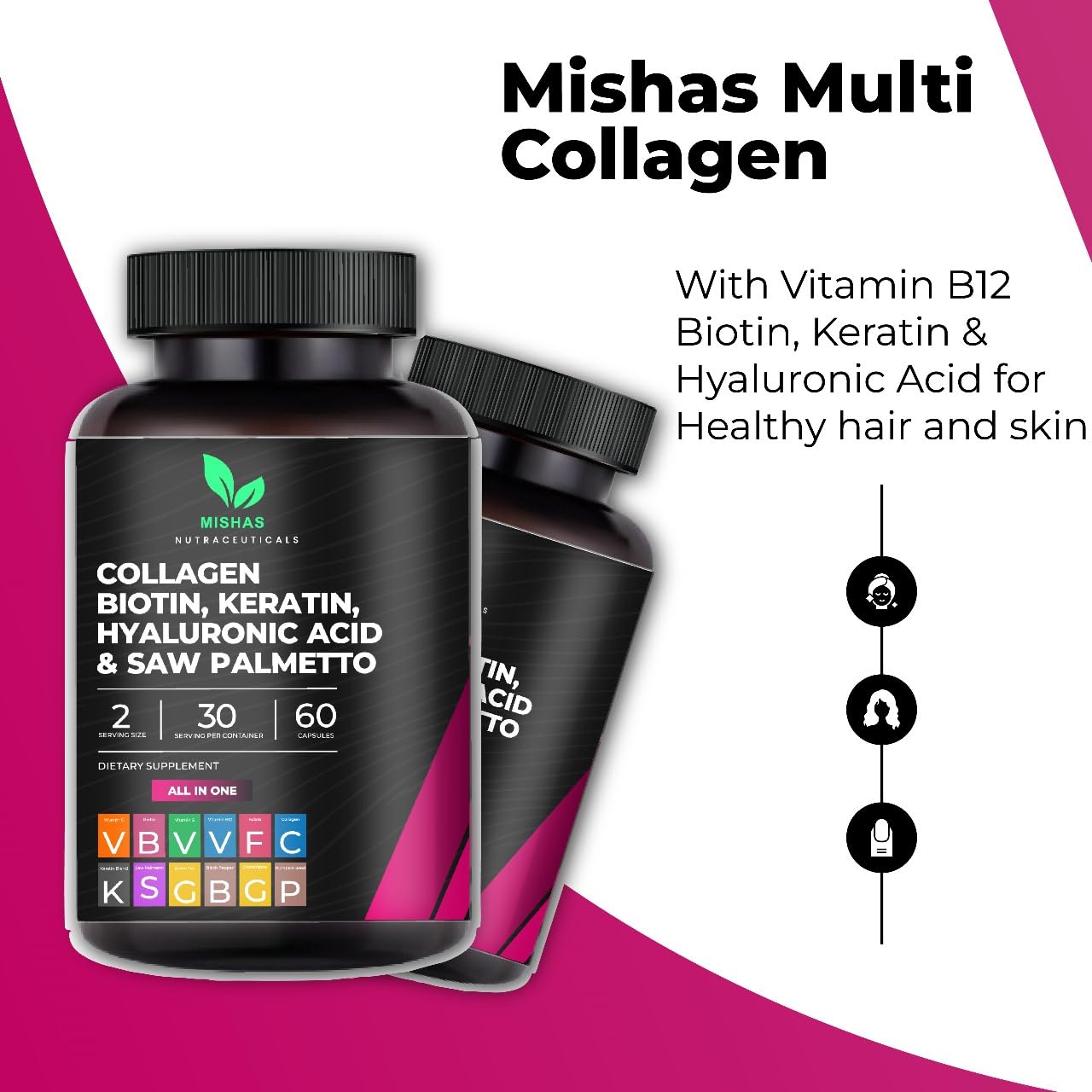 Multi Collagen Hair Pills with Biotin 10,000mcg – Keratin, Hyaluronic Acid & DHT Blocker | 60 Vegan Capsules
