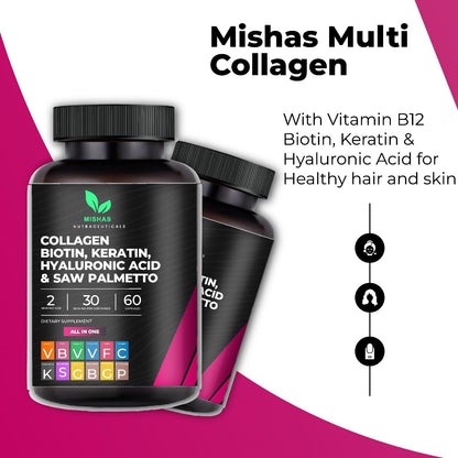 Multi Collagen Hair Pills with Biotin 10,000mcg – Keratin, Hyaluronic Acid & DHT Blocker | 60 Vegan Capsules