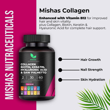 Multi Collagen Hair Pills with Biotin 10,000mcg – Keratin, Hyaluronic Acid & DHT Blocker | 60 Vegan Capsules