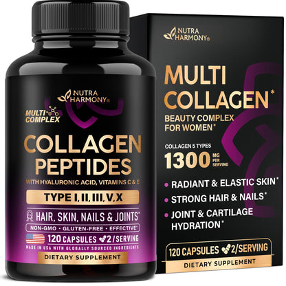 Multi Collagen Peptides 1300mg + Hyaluronic Acid | Skin, Hair, Nails & Joints - Made in USA