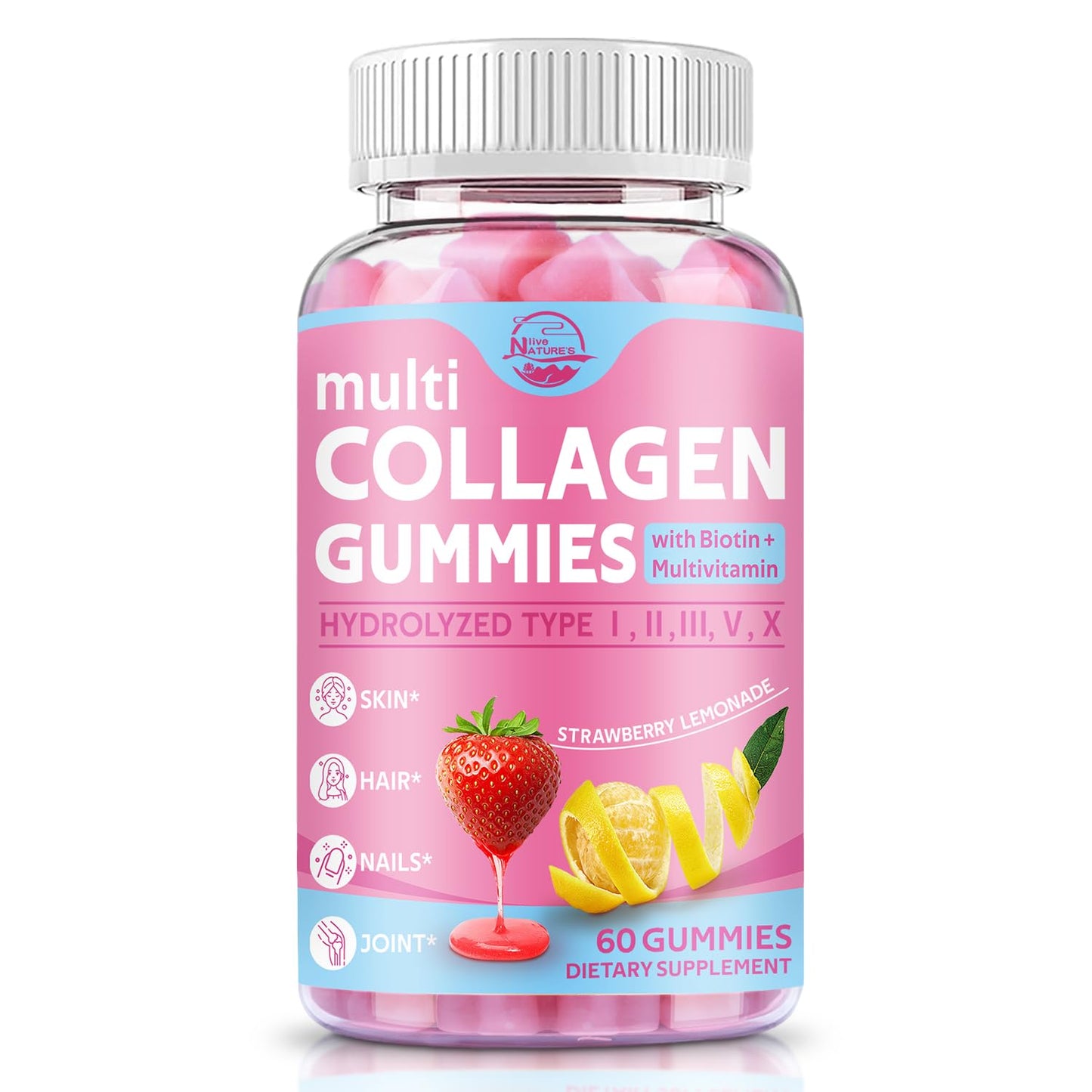 Multi Collagen Peptides Gummies Type I-V, X with Biotin & Hyaluronic Acid – Supports Skin, Hair & Nails | 60 Count, 1 Pack