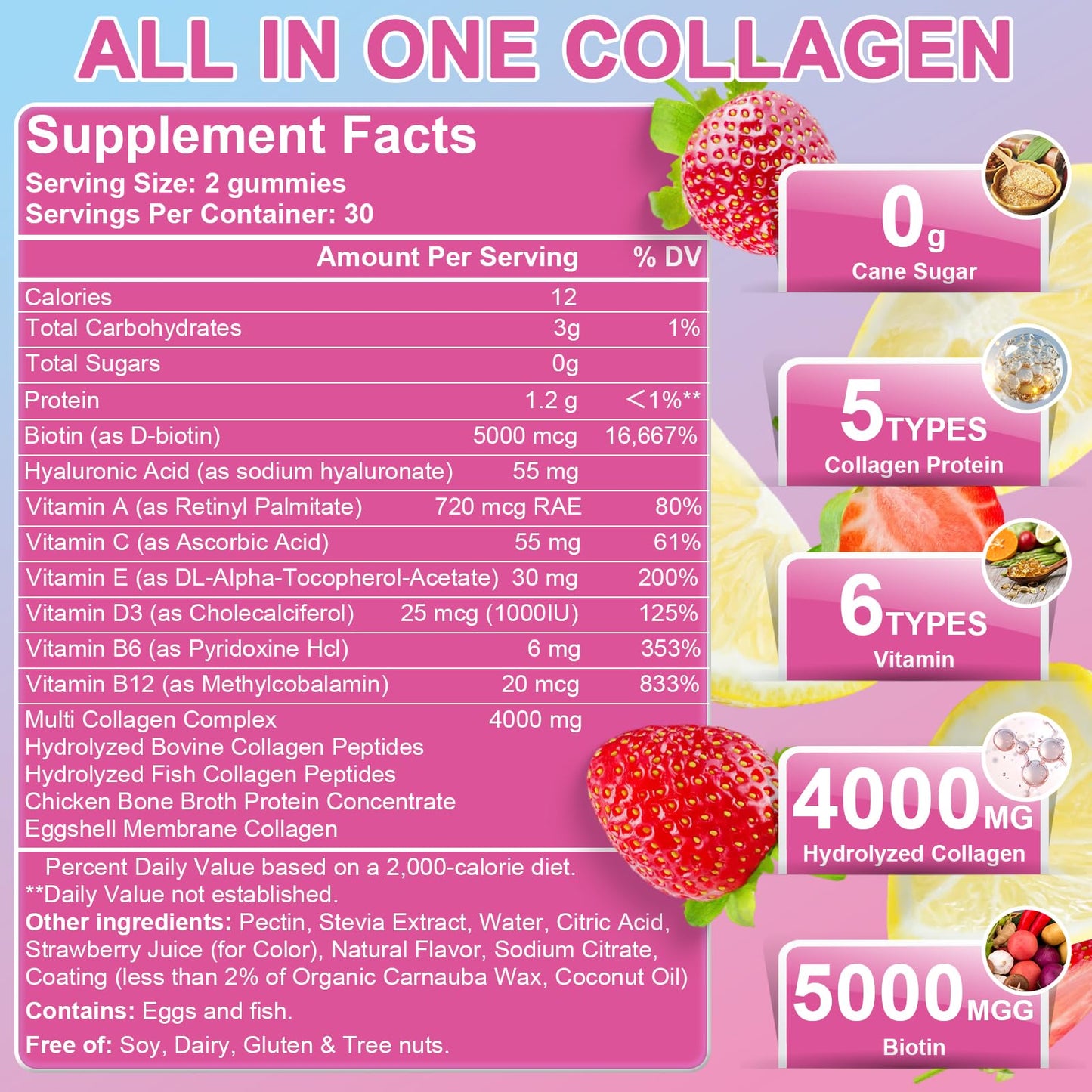 Multi Collagen Peptides Gummies Type I-V, X with Biotin & Hyaluronic Acid – Supports Skin, Hair & Nails | 60 Count, 1 Pack