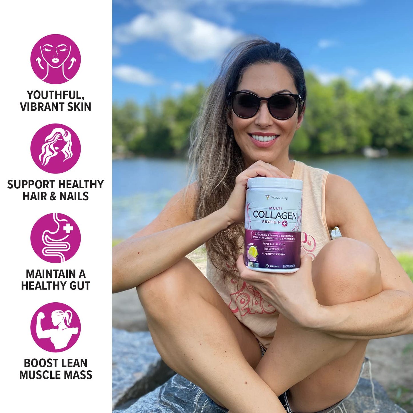 Multi Collagen Peptides Powder for Women – Hydrolyzed Collagen with Types I II III V X, Vitamin C & Hyaluronic Acid – Hair, Skin & Nails (Pink Lemonade) – 30 Servings
