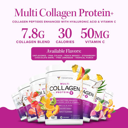 Multi Collagen Peptides Powder for Women – Hydrolyzed Collagen with Types I II III V X, Vitamin C & Hyaluronic Acid – Hair, Skin & Nails (Pink Lemonade) – 30 Servings