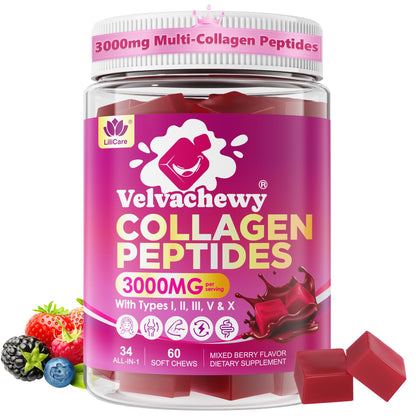 Multi Collagen Peptides Soft Chews 3000mg | 60 Servings | Hair Skin Nails & Joints