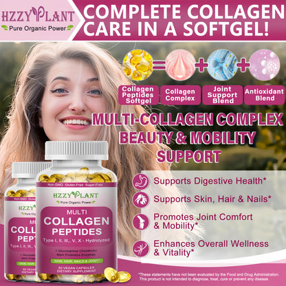 Multi Collagen Peptides Softgels - Types I, II, III, V, X | Biotin, Vitamin C, Hyaluronic Acid | 60 Servings