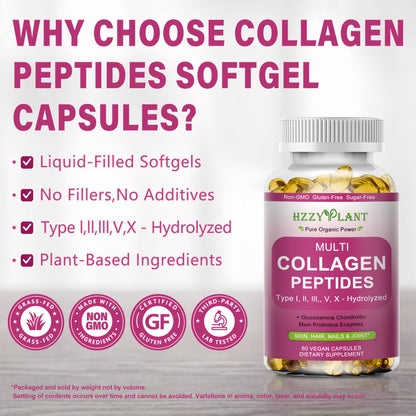 Multi Collagen Peptides Softgels - Types I, II, III, V, X | Biotin, Vitamin C, Hyaluronic Acid | 60 Servings