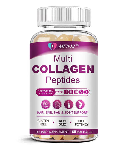 Multi Collagen Peptides Softgels – Types I, II, III, V, X – Biotin, Vitamin C & Hyaluronic Acid – Skin, Hair, Nails & Joints – Non-GMO, 60 Softgels