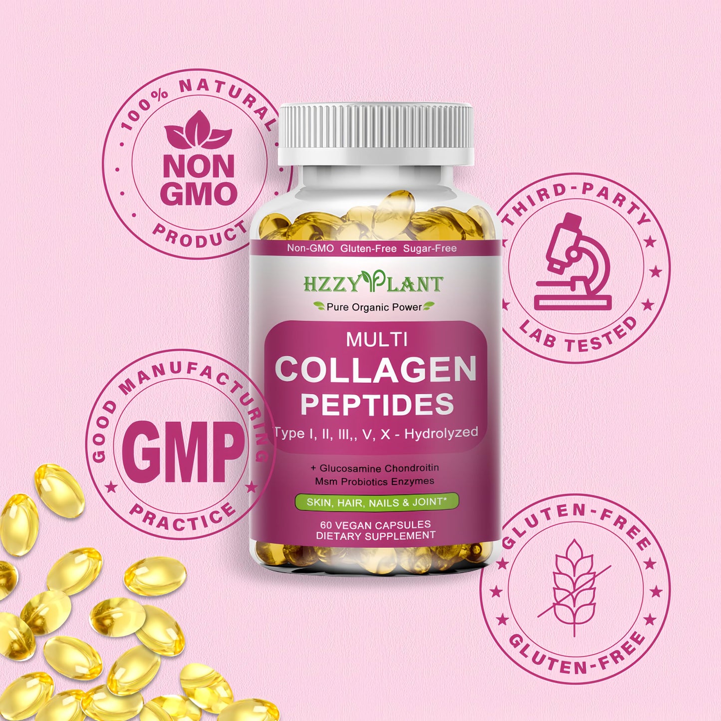 Multi Collagen Peptides Softgels - Types I, II, III, V, X | Biotin, Vitamin C, Hyaluronic Acid | 60 Servings