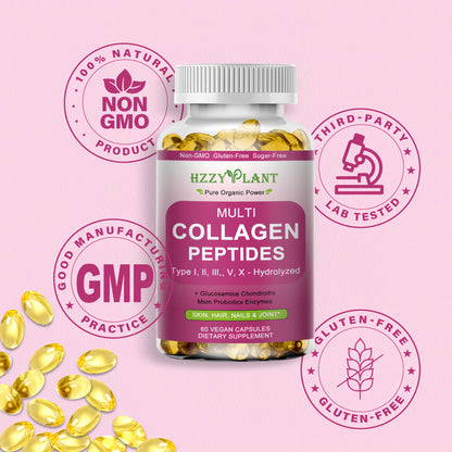 Multi Collagen Peptides Softgels - Types I, II, III, V, X | Biotin, Vitamin C, Hyaluronic Acid | 60 Servings