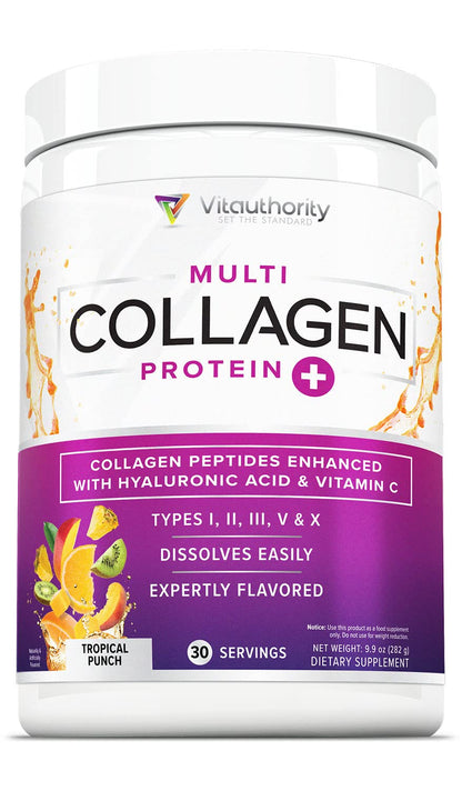 Multi Collagen Peptides Powder for Women – Hydrolyzed Collagen with Vitamin C & Hyaluronic Acid (Tropical Punch, 30 Servings)