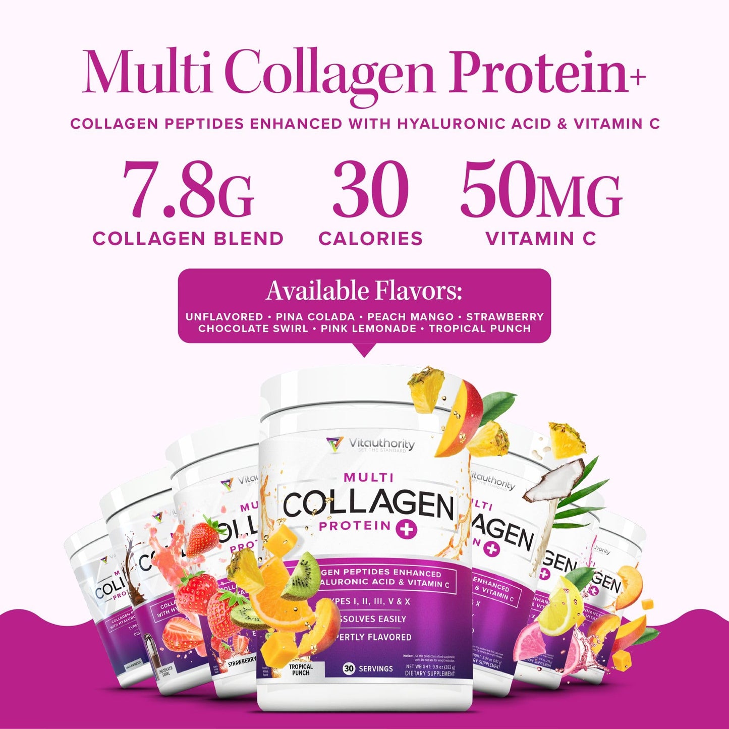 Multi Collagen Peptides Powder for Women – Hydrolyzed Collagen with Vitamin C & Hyaluronic Acid (Tropical Punch, 30 Servings)
