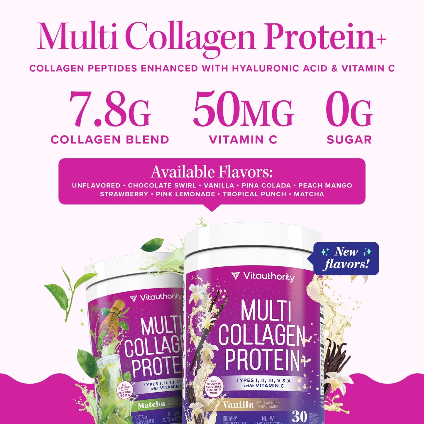 Multi Collagen Peptides Powder for Women – Vanilla, Vitamin C & Hyaluronic Acid