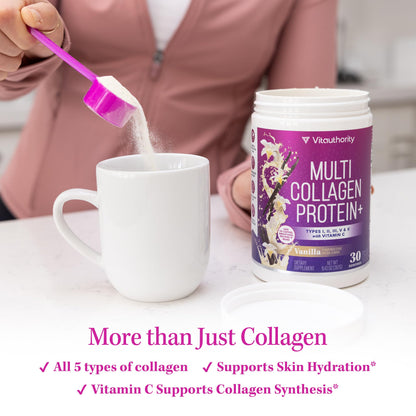 Multi Collagen Peptides Powder for Women – Vanilla, Vitamin C & Hyaluronic Acid