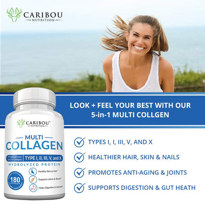 Multi Collagen Pills – 180 Capsules | Types I–X | Grass-Fed Beef, Wild Fish, Eggshell