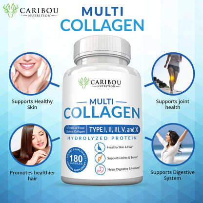Multi Collagen Pills – 180 Capsules | Types I–X | Grass-Fed Beef, Wild Fish, Eggshell