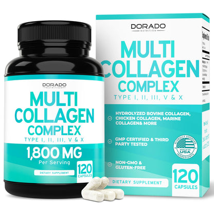 Multi Collagen Pills for Women & Men – 120 Capsules | Types I-V-X | USA Made