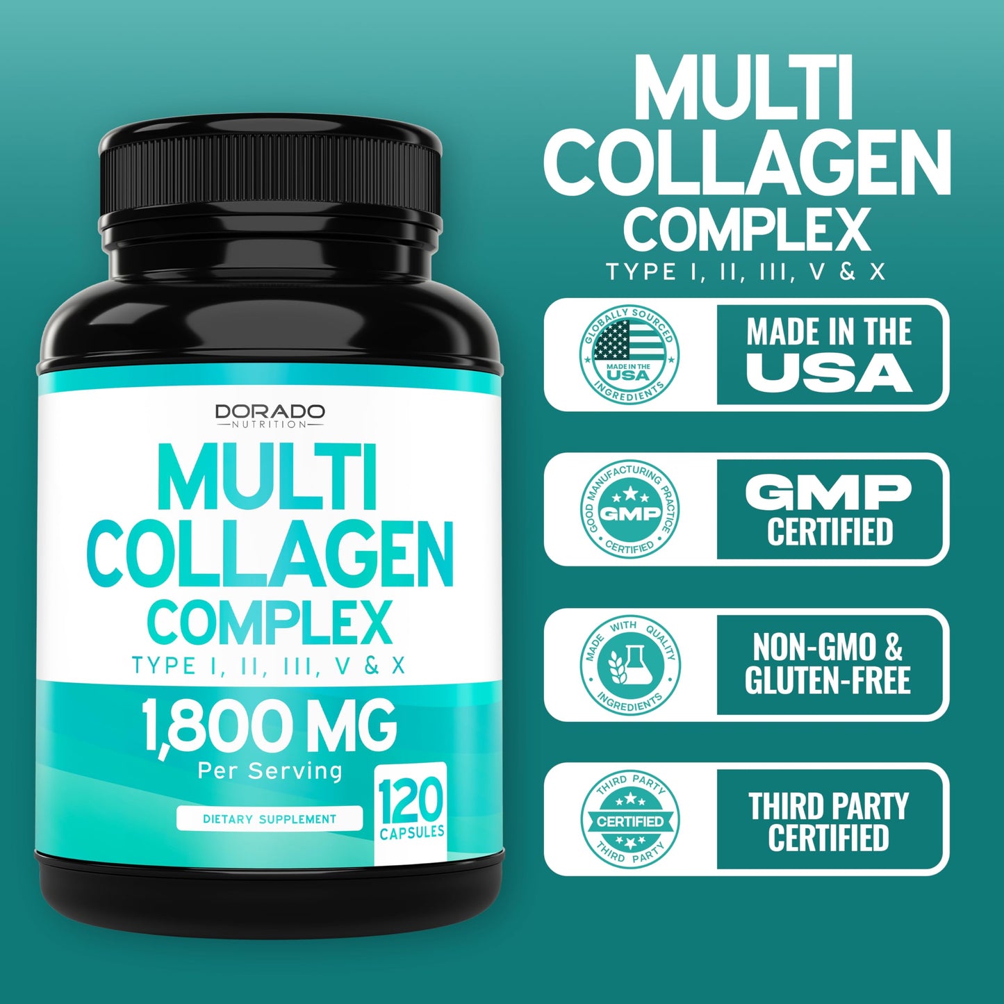 Multi Collagen Pills for Women & Men – 120 Capsules | Types I-V-X | USA Made