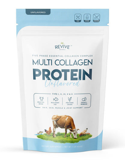 Multi Collagen Protein Powder (16oz) - Five Types I-X | Grass-Fed Bovine, Marine, Chicken & Eggshell