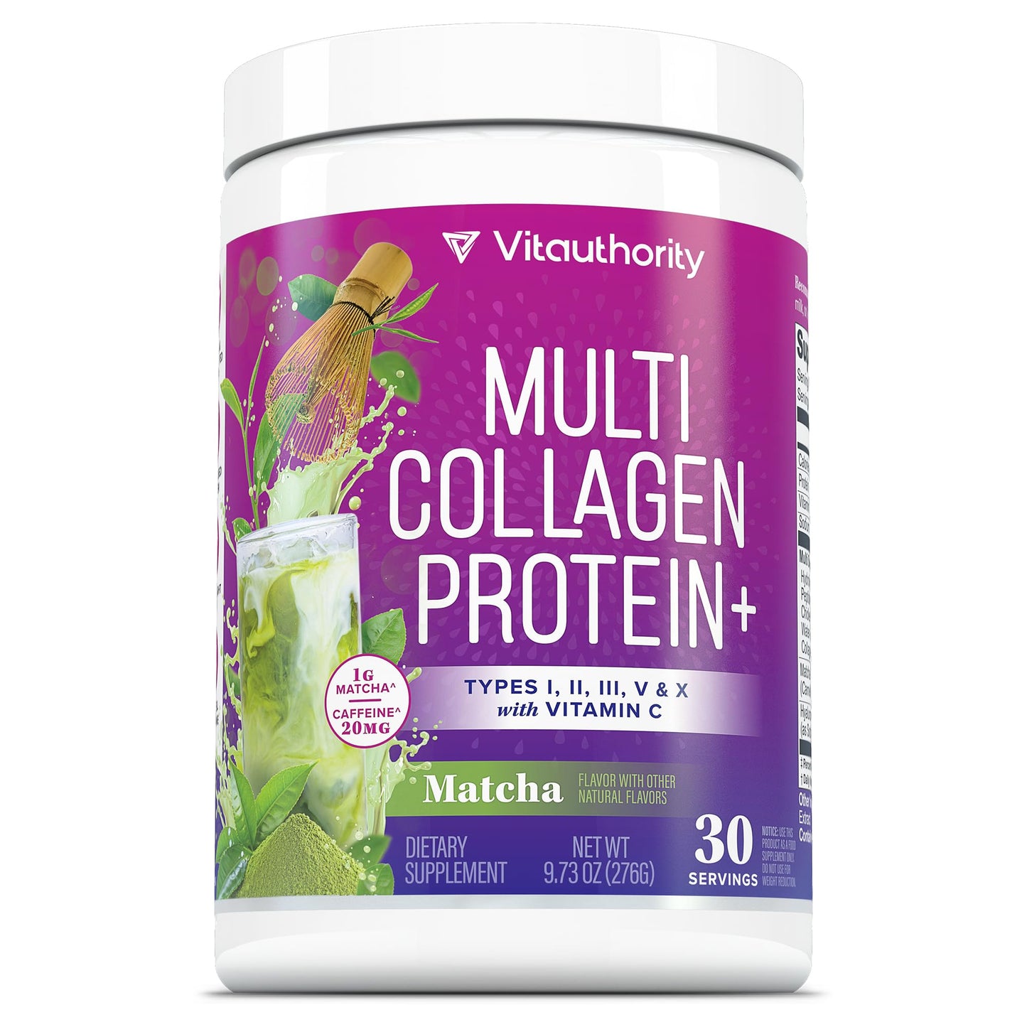 Multi Collagen Protein Powder for Women - Types I II III V & X with Vitamin C & Hyaluronic Acid, Matcha Flavor, 30 Servings
