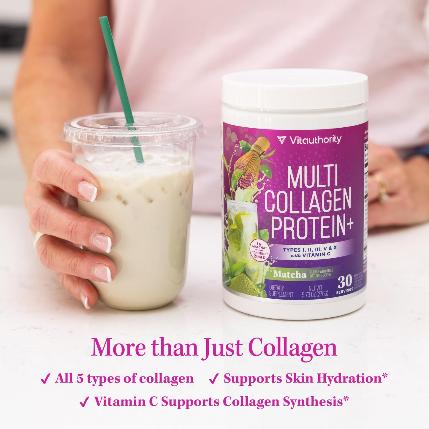 Multi Collagen Protein Powder for Women - Types I II III V & X with Vitamin C & Hyaluronic Acid, Matcha Flavor, 30 Servings