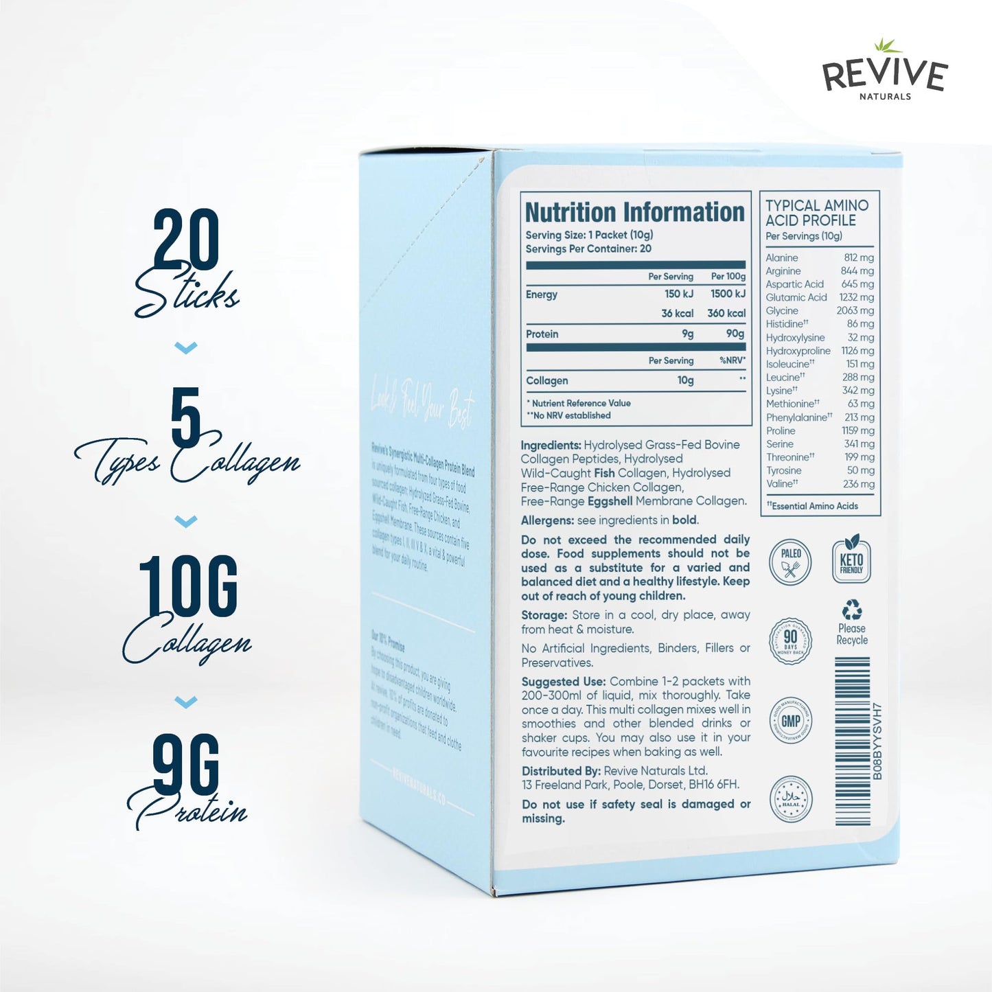 Multi Collagen Protein Powder Packets – Types I, II, III, V & X | Grass-Fed Bovine, Wild-Caught Fish, Free-Range Chicken & Eggshell Collagen | Non-GMO, Halal | 10g per Scoop | 20 Packets