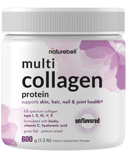 Multi Collagen Protein Powder 600g - 5 Types I/II/III/V/X, Biotin & Vitamin C