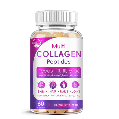 Multi Collagen Softgel - Type I, II, III, V, X | Biotin, Vitamin C & Hyaluronic Acid | Grass-Fed, Non-GMO, 60 Softgels