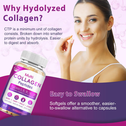 Multi Collagen Softgel - Type I, II, III, V, X | Biotin, Vitamin C & Hyaluronic Acid | Grass-Fed, Non-GMO, 60 Softgels