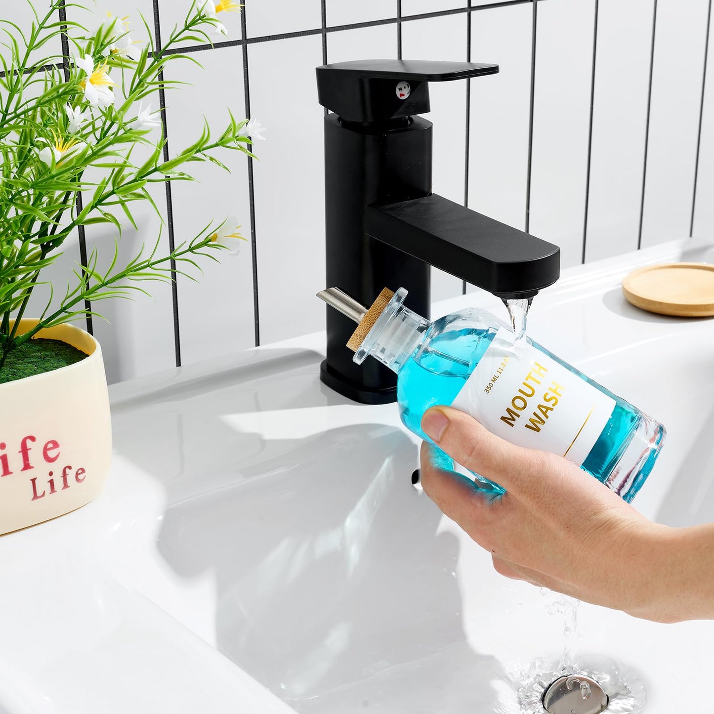 Glass Mouthwash Dispenser for Bathroom – 11.8oz, Stainless Steel Spouts, Bamboo Holder