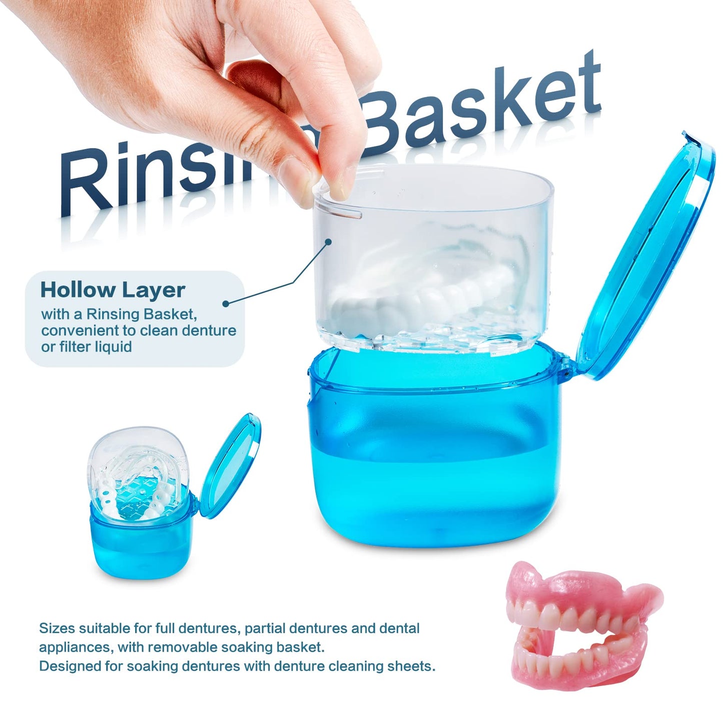 No-Leak Denture Bath Case | Retainer & Mouth Guard Cleaning Box (Transparent Blue)