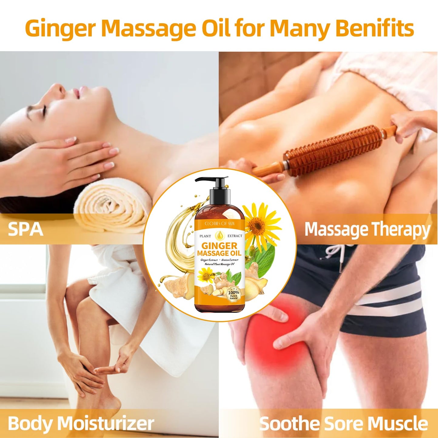 Ginger Oil Massage Oil for Therapy, Lymphatic Drainage, Sore Muscle Relief | Arnica