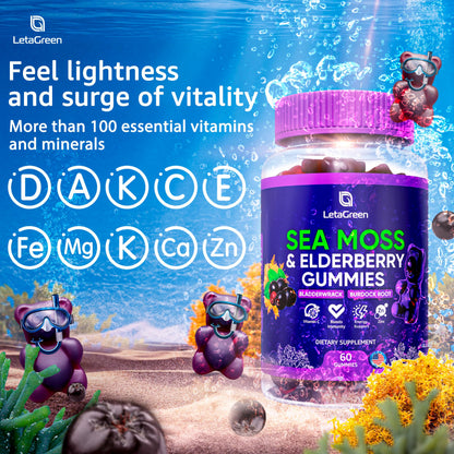 LetaGreen Irish Sea Moss Gummies – Multimineral with Bladderwrack & Elderberry (60 Vegan Gummies)