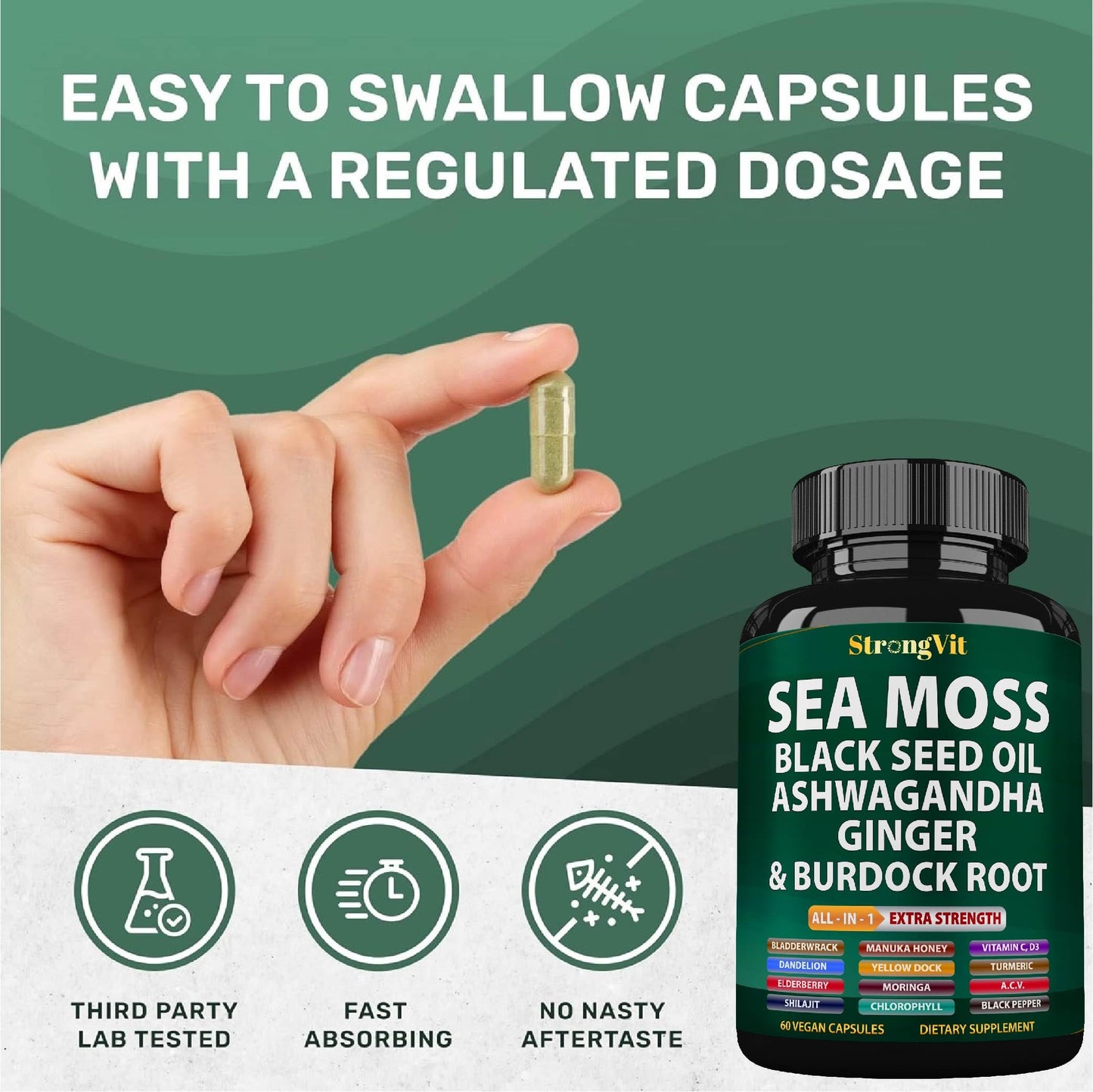 Sea Moss + Black Seed Oil Capsules with Ashwagandha & Ginger – Organic Multimineral Sea Moss (120 Capsules) USA