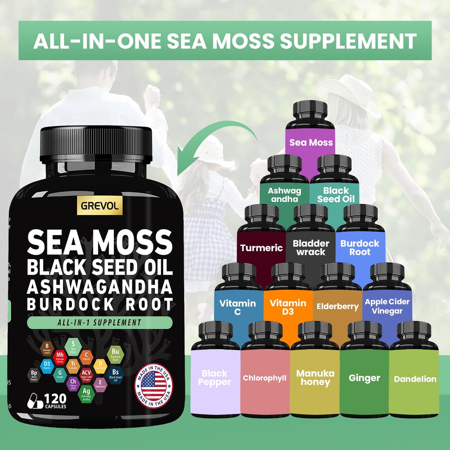 Sea Moss Capsules with Ashwagandha, Black Seed Oil & Turmeric - Multimineral Supplement 120 Count
