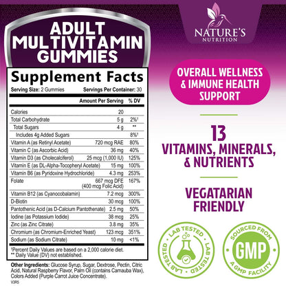 Multivitamin Gummies for Adults – Vitamins A, C, D & B12 | For Women & Men | Nature's Multi VIT Vitamin (60 Gummies)