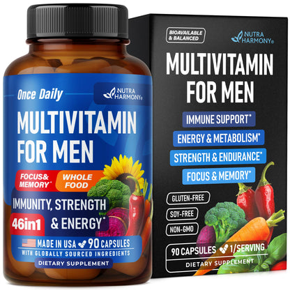 Multivitamin for Men 46in1 - Bioavailable & Gentle on Stomach | Made in USA - 90 Capsules