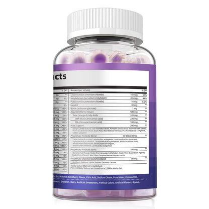 Multivitamin for Men Gummies with Omega-3, Probiotics – Sugar-Free Blackberry Flavor | Heart, Brain, Muscle Support