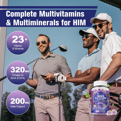 Multivitamin for Men Gummies with Omega-3, Probiotics – Sugar-Free Blackberry Flavor | Heart, Brain, Muscle Support