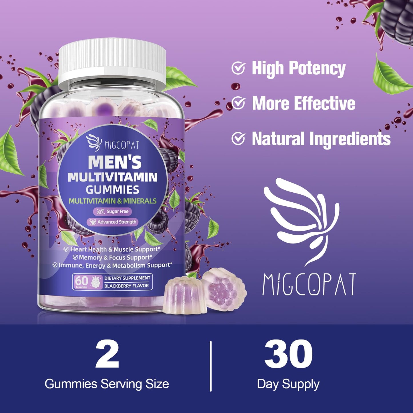 Multivitamin for Men Gummies with Omega-3, Probiotics – Sugar-Free Blackberry Flavor | Heart, Brain, Muscle Support