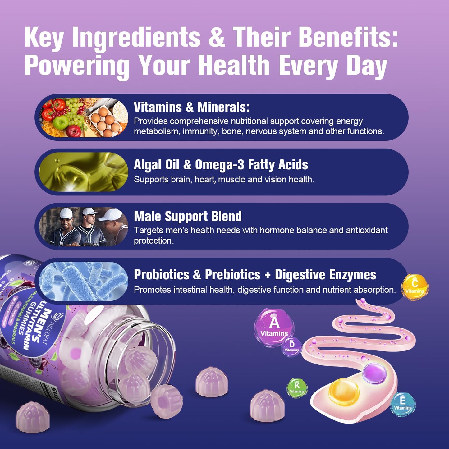 Multivitamin for Men Gummies with Omega-3, Probiotics – Sugar-Free Blackberry Flavor | Heart, Brain, Muscle Support