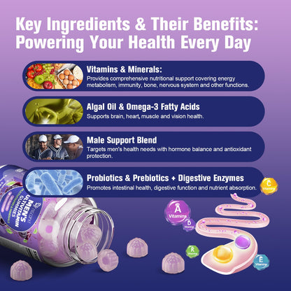 Multivitamin for Men Gummies with Omega-3, Probiotics – Sugar-Free Blackberry Flavor | Heart, Brain, Muscle Support