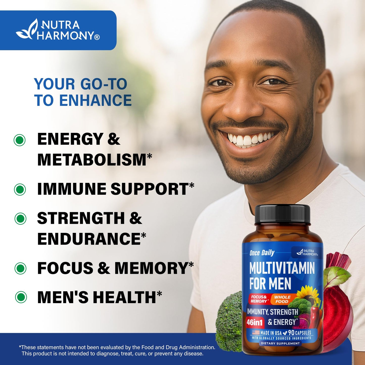 Multivitamin for Men 46in1 - Bioavailable & Gentle on Stomach | Made in USA - 90 Capsules