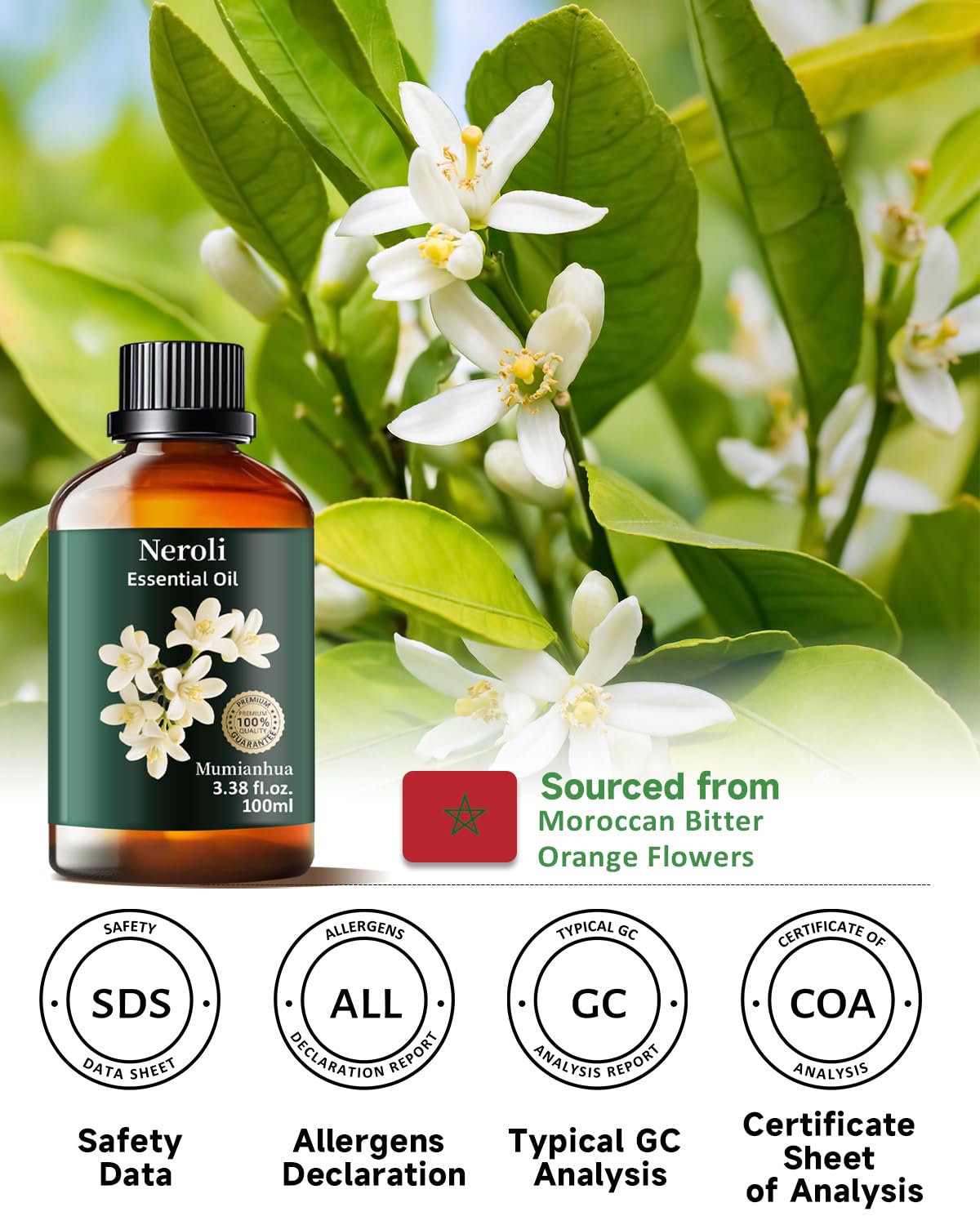 Mumianhua Neroli Essential Oil 100% Pure Therapeutic Grade - 3.38 fl oz